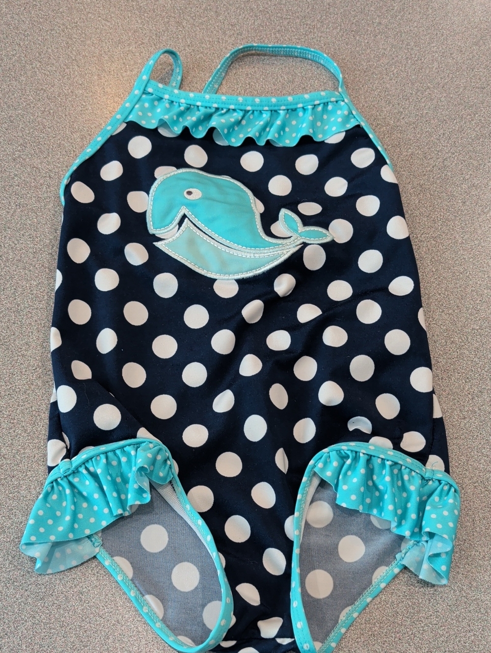Navy Polka Dot Kids One-Piece Swimsuit with Turquoise Whale Accent